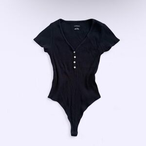 Anthropologie Black Ribbed Deep V Neck Button Bodysuit Thong S